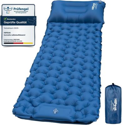 Matelas Camping Portable 1 Place - Avec Oreiller Intégré & Pompe à Pied - Bleu - Ultraléger