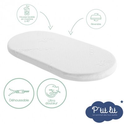 Matelas de Couffin Bamboo - 72x32 cm - Viscose Douce et Soyeuse - Réversible - Idéal Landau Nacelle et Berceau