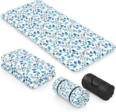 Matelas Futon Japonais 1 Personne,Lit de Couchage Enroulable de Sol Pliable Portable,Sac de Transport,Feuille Bleu