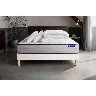 Matelas Hybride 22cm d'épaisseur - 5 zones de confort - Confort ferme - Sommier tapissier en kit - Avec couette et oreillers