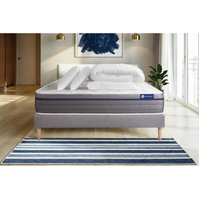 Matelas Hybride 26cm d'épaisseur - 7 zones de confort - Confort équilibré - Sommier tapissier en kit - Avec couette et oreillers