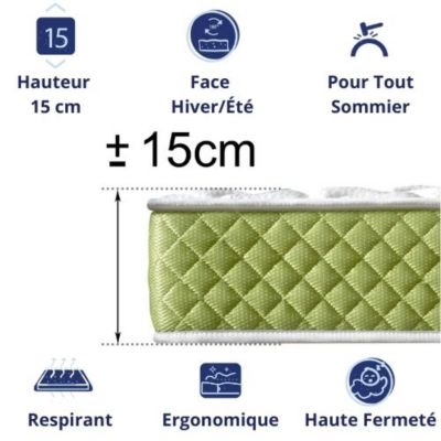 Matelas Mousse 90x190 Evergreen, Ferme, Réversible, Côté Été/hiver, H15 Cm
