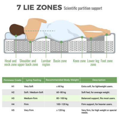 Matelas Orthopédique 160x200 cm - Ressorts ensachés 7 Zones, Fermeté H3 Moyenne, Épaisseur 20 cm, Respirant et Aéré - Blanc