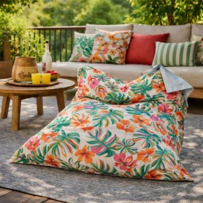 Maxi coussin déperlant intérieur / extérieur imprimé tropical vert, rose 140 x 120 cm