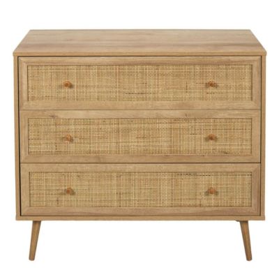 MAYA - Commode 3 Tiroirs Effet Bois et Façades Rotin