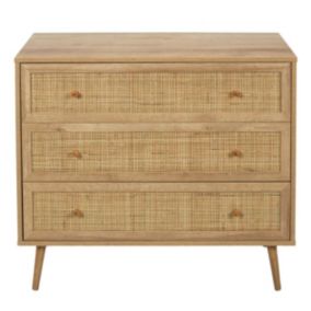 MAYA - Commode 3 Tiroirs Effet Bois et Façades Rotin