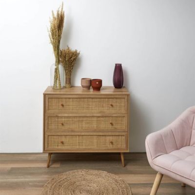 MAYA - Commode 3 Tiroirs Effet Bois et Façades Rotin