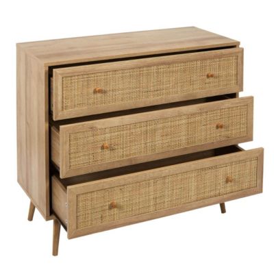 MAYA - Commode 3 Tiroirs Effet Bois et Façades Rotin