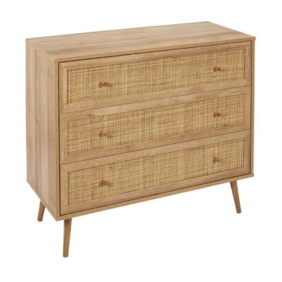 MAYA - Commode 3 Tiroirs Effet Bois et Façades Rotin