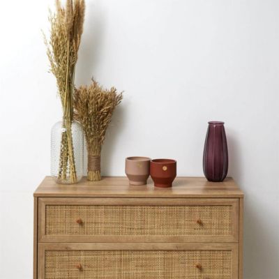 MAYA - Commode 3 Tiroirs Effet Bois et Façades Rotin