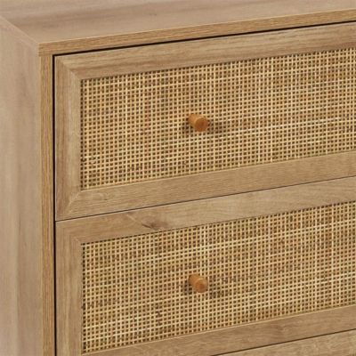 MAYA - Commode 3 Tiroirs Effet Bois et Façades Rotin