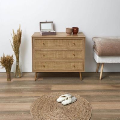 MAYA - Commode 3 Tiroirs Effet Bois et Façades Rotin