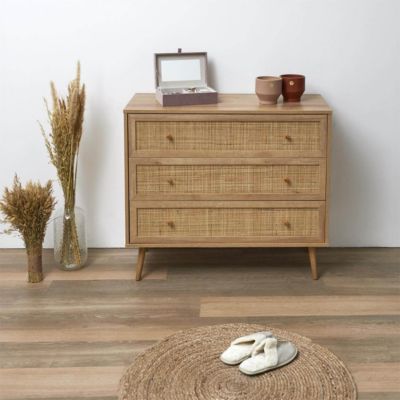 MAYA - Commode 3 Tiroirs Effet Bois et Façades Rotin