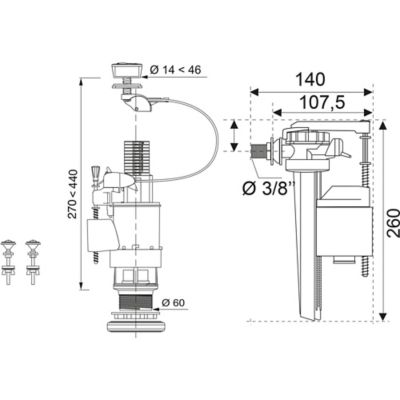 Mécanisme de chasse d'eau double chasse 3L/6L Wirquin MW2 + câble