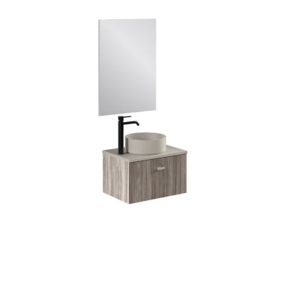 MEI TOP 50cm Meuble et vasque à poser avec un tiroir, Orme Gris (Avec mirroir)