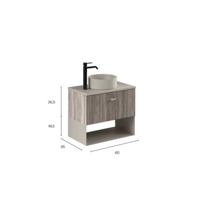 MEI TOP 60cm Meuble et vasque à poser avec un tiroir et un niche, Orme Gris. (Avec mirroir)