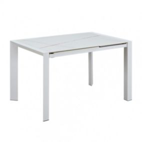 MELIA - Table Repas Allongeable Plateau Céramique Marbré Blanc Pieds Métal Blanc