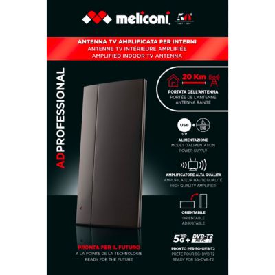 Meliconi - Antenne TV amplifiée d'intérieur AD PROFESSIONAL R1 USB - Portée 20kms - Signaux numériques DVBT/DVB-T2 - Filtres 4G 5G