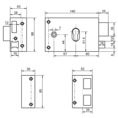 METALUX 9762 LAP Droite - Serrure en applique couleur OR Horizontale avec Gâche 140x43x88 Axe 52.5 Entraxe 58