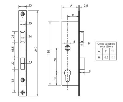 METALUX Série 7/21 - Serrure à encastrer Réversible coffre 21mm x 180mm porte metallique portail portillon