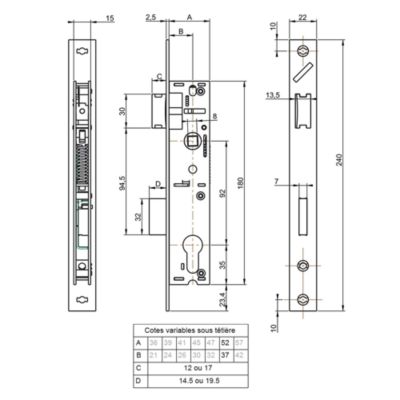 Metalux série 780 Certifié NF - Serrures à encastrer Pêne Réversible Entraxe 92mm Coffre 52x180 mm porte métallique