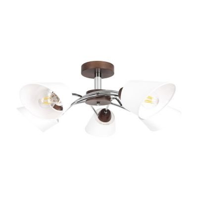 Mette Wood Plafonnier 5xE27 Max.40W Bois de Hêtre couleur Noyer/Métal Chromé/Abat-jour en Tissu Blanc