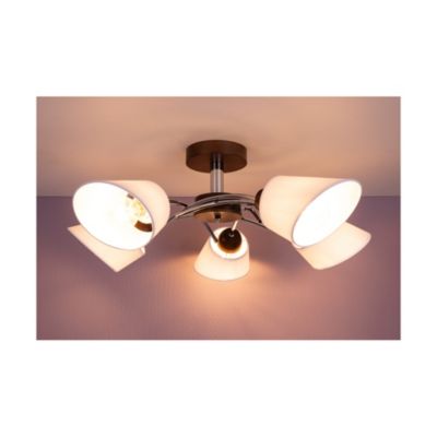 Mette Wood Plafonnier 5xE27 Max.40W Bois de Hêtre couleur Noyer/Métal Chromé/Abat-jour en Tissu Blanc