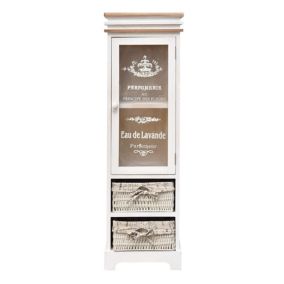 Meuble 2 Paniers 1 Port Plexiglass Bois Osier Blanc 102x32x27