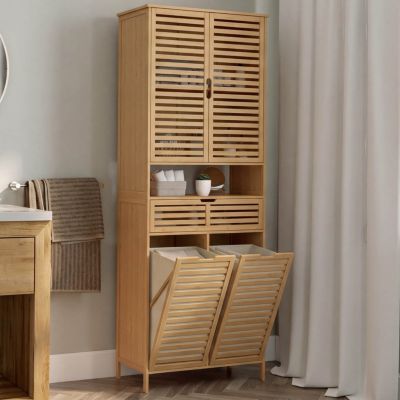 Meuble armoire colonne salle de bain bambou BEA 4 portes avec 2 paniers ...