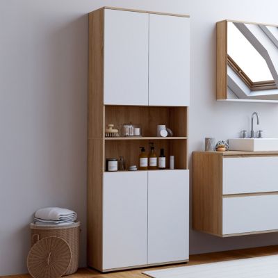 Meuble armoire colonne salle de bain TOMI 4 portes 2 niches façon hêtre et blanc