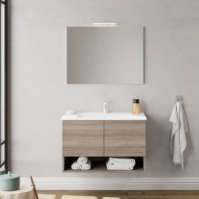 Meuble avec simple vasque encastrée OSLO Chêne fumé L. 80 cm + miroir - Saniverre