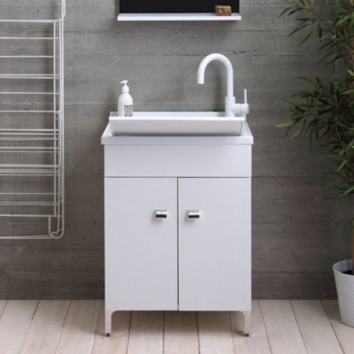 Meuble Bac À Laver 60Cm Blanc Avec 2 Portes, Bac Avec Planche À Laver Amovible - Pratico