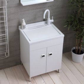 Meuble Bac À Laver 60Cm Blanc Avec 2 Portes, Bac Avec Planche À Laver Amovible - Pratico