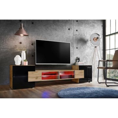 Meuble Banc TV Merano Version 2 Komodee - avec eclairage LED RGB - Bois Naturel et Noir - 230 x 53 x 35 cm