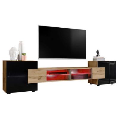 Meuble Banc TV Merano Version 2 Komodee - avec eclairage LED RGB - Bois Naturel et Noir - 230 x 53 x 35 cm