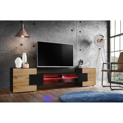 Meuble Banc TV Merano Version 2 Komodee - avec eclairage LED RGB - Noir et Bois Naturel - 230 x 53 x 35 cm