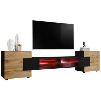 Meuble Banc TV Merano Version 2 Komodee - avec eclairage LED RGB - Noir et Bois Naturel - 230 x 53 x 35 cm
