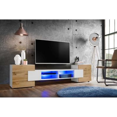 Meuble Banc TV Merano Version 2 Komodee - LED Bleues - Bois naturel Mat et Blanc - 230 x 53 x 35 cm