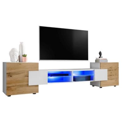 Meuble Banc TV Merano Version 2 Komodee - LED Bleues - Bois naturel Mat et Blanc - 230 x 53 x 35 cm