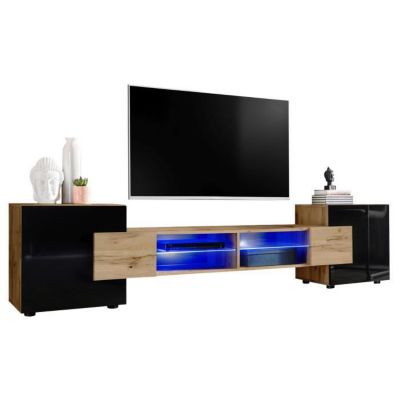 Meuble Banc TV Merano Version 2 Komodee - LED Bleues - Noir Brillant et Bois naturel - 230 x 53 x 35 cm