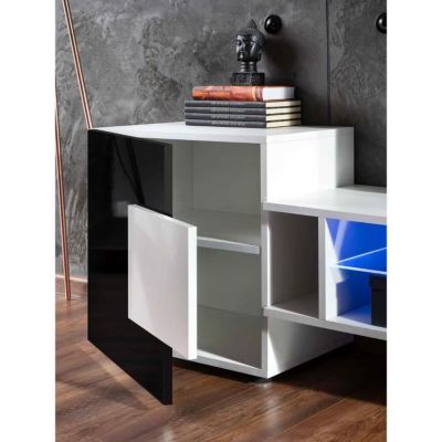 Meuble Banc TV Merano Version 2 Komodee - LED Bleues - Noir Brillant et Bois naturel - 230 x 53 x 35 cm
