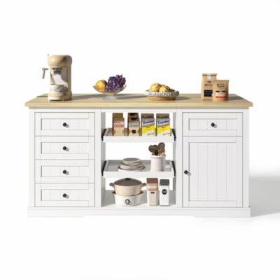 Meuble bar 150x65x75 cm, 5 tiroirs, plateau rabattable, prises intégrées - blanc