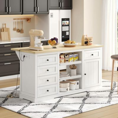 Meuble bar 150x65x75 cm, 5 tiroirs, plateau rabattable, prises intégrées - blanc