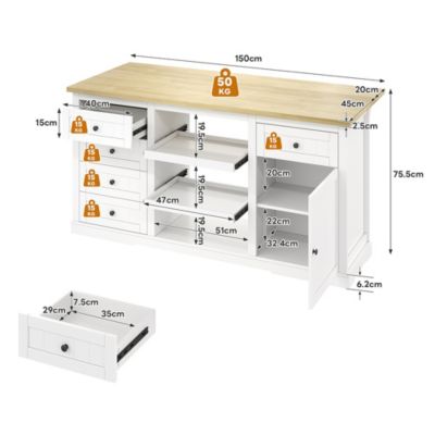 Meuble bar 150x65x75 cm, 5 tiroirs, plateau rabattable, prises intégrées - blanc