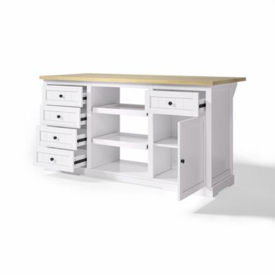 Meuble bar 150x65x75 cm, 5 tiroirs, plateau rabattable, prises intégrées - blanc