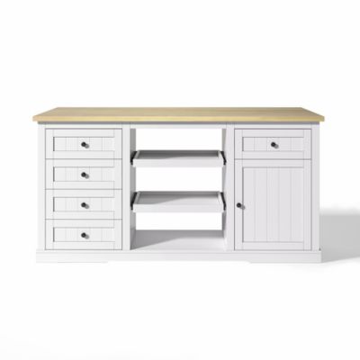 Meuble bar 150x65x75 cm, 5 tiroirs, plateau rabattable, prises intégrées - blanc