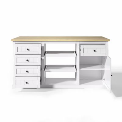 Meuble bar 150x65x75 cm, 5 tiroirs, plateau rabattable, prises intégrées - blanc