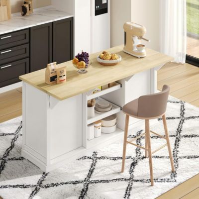 Meuble bar 150x65x75 cm, 5 tiroirs, plateau rabattable, prises intégrées - blanc