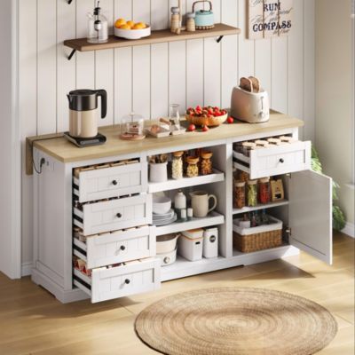 Meuble bar 150x65x75 cm, 5 tiroirs, plateau rabattable, prises intégrées - blanc