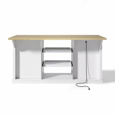 Meuble bar 150x65x75 cm, 5 tiroirs, plateau rabattable, prises intégrées - blanc